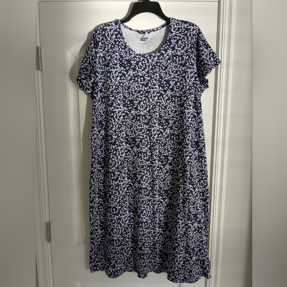 Lands' End Navy with White and Lilac Floral Print Dress